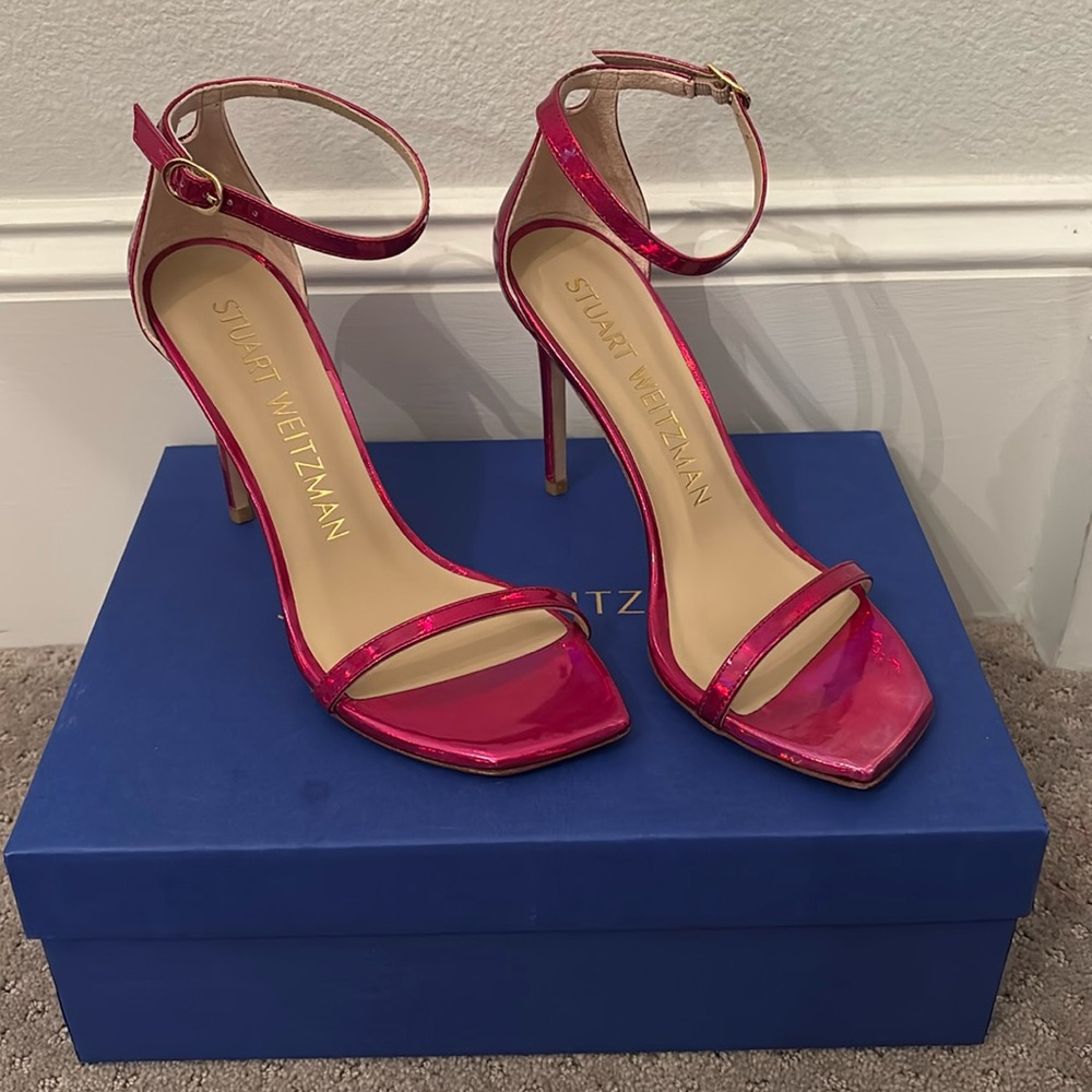 Stuart Weitzman Pink Patent Leather Ankle Strap Heels